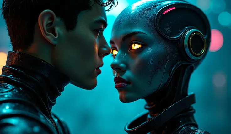 " In a futuristic ,  A mixture of cyberpunk aesthetics and intergalactic romance is in the air ,  captured alien woman as a gift .  She has glowing , Strange eyes , litter,  but exotic facial features and elegant ,  shimmering skin in an unusual color .  H...