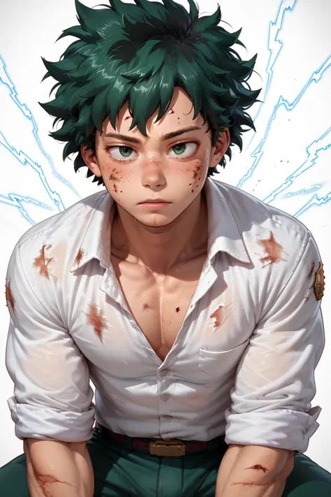 1young,  male focus ,  Midoriya Izuku,  Boku in Hero Academia, Injury,  electricity,,  masterpiece,   rolled up ,  very aesthetic, absurdres