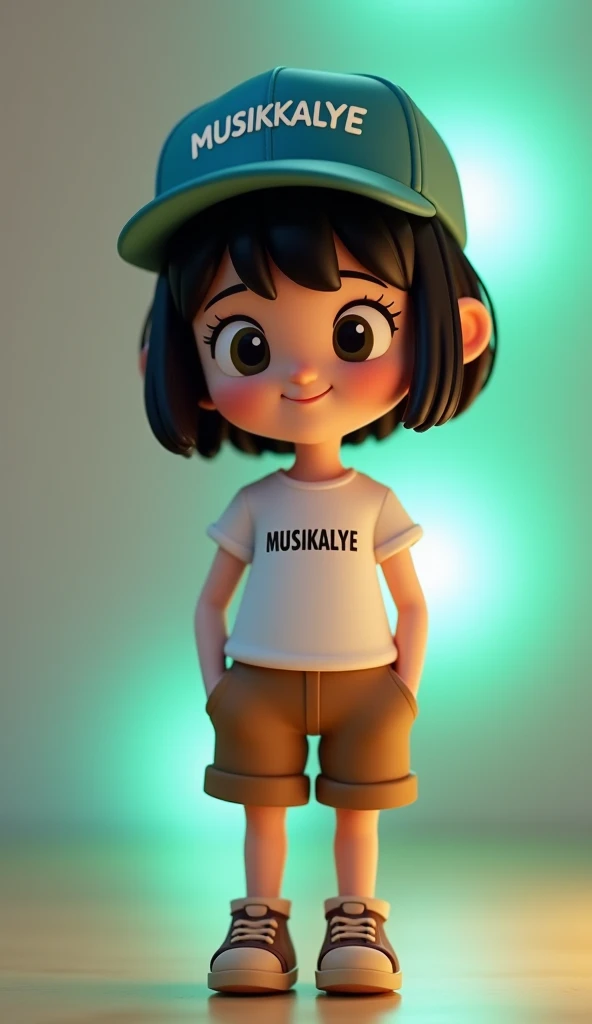 3D cartoon image of a girl with short black hair,  toy doll ,  wearing a white shirt with the name MUSIKALYE on his chest and short brown pants,  wearing a blue hat with  "" In white letters ,  and brown sand shoes .  his palms inside his shorts ,  he is s...