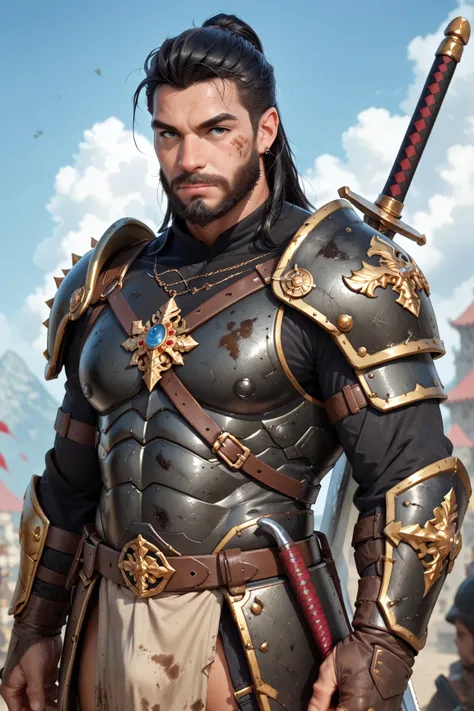 A man, Warrior,  dirty black hair and beard, dark fantasy, detailed black armor , large sword