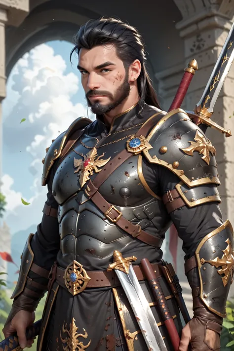 A man, Warrior,  dirty black hair and beard, dark fantasy, detailed black armor , large sword