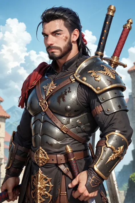 A man, Warrior,  dirty black hair and beard, dark fantasy, detailed black armor , large sword