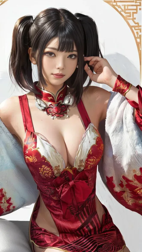  Woman 1,     high image quality  ,  Masterpiece,    TOP QUALITY ,    short hair,    medium boobs,   On a Chinese dress，   Silver Hair，     Mole Under Eye ， red clothes、 twin tails