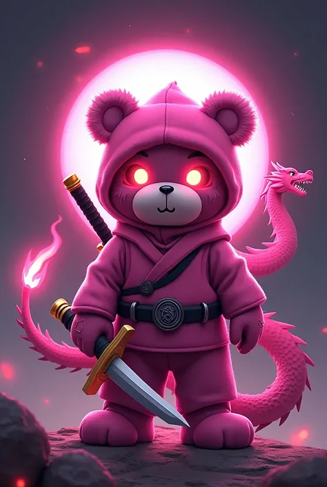 Create a game logo featuring a pink teddy bear ninja with flaming eyes holding a katana sword, wearing a pink suit like a god in heaven, with a silver neon shadow on the back.\n and has the active gesture of a demon ninja .
There is a pink dragon behind it...