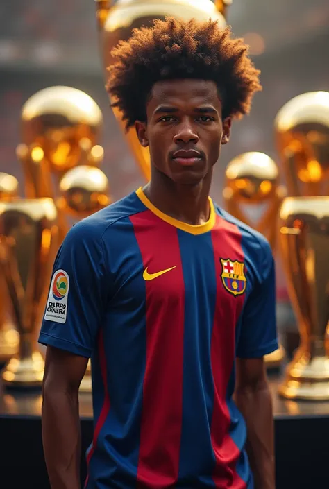 Make me a soccer player with short afro hair wearing a Barcelona shirt and with a lot of trophies other than brown