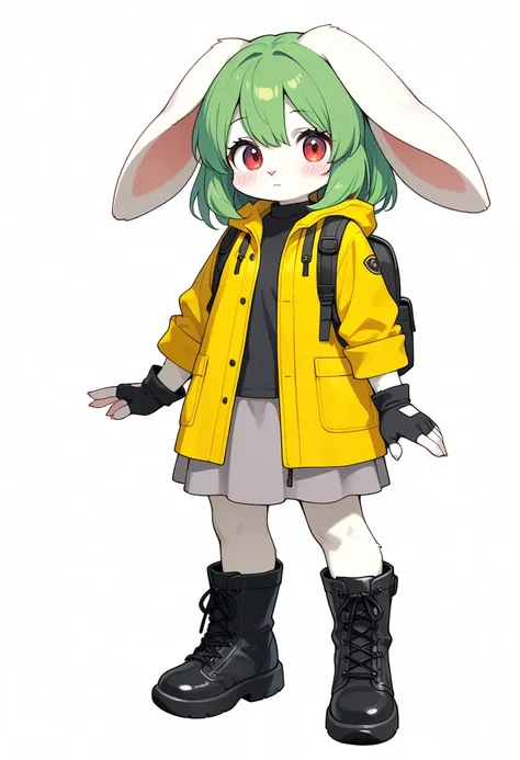 1girl, (furry, kemono:1.4), rabbit girl, animal nose, rabbit ears, backpack, solo, bag, green hair, gloves, red eyes, white background, simple background, fingerless gloves, looking at viewer, grey skirt, skirt, full body, yellow coat, black footwear, boot...