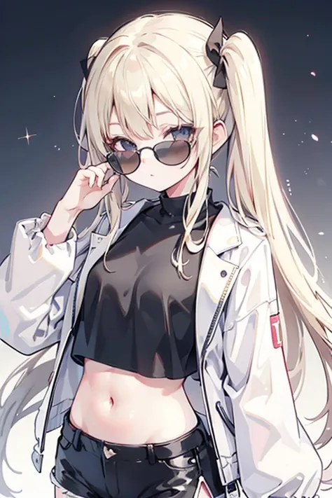  highest quality， best image quality，'s greatest masterpiece，4K， blonde，Black Eyes，My dark eyes want this， long hair， twin tails， I'm wearing round slightly smaller sunglasses， black sunglasses，non-sleeve shirt，Casual attire，Put on a jacket， Highlights， sh...