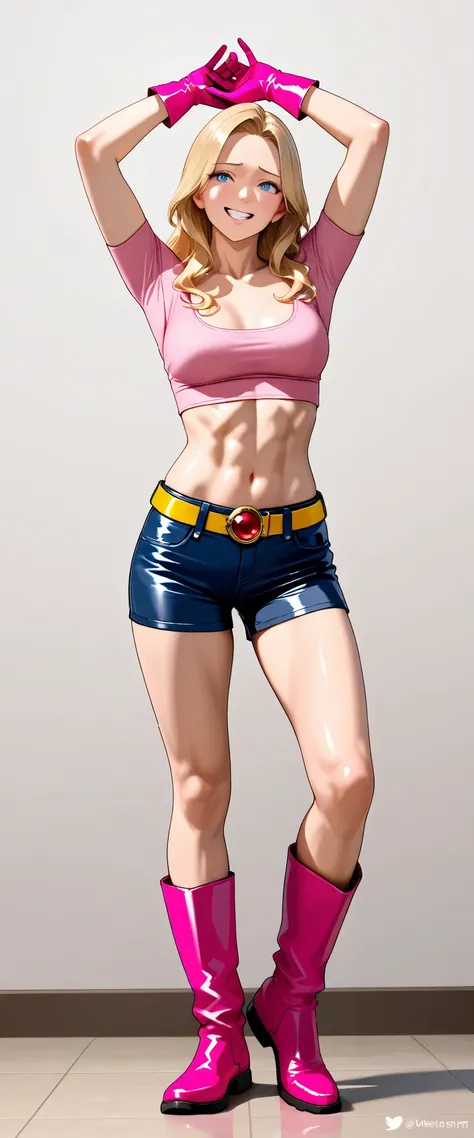 1girl, solo, Adult woman, long hair, blonde, beautiful face, blue eyes, toned body, medium chest, pink crop top, tight, scoop neckline, short sleeves, pink gloves, navel, blue shorts with yellow belt and red jewel round shape buckle, leather shorts, pink b...