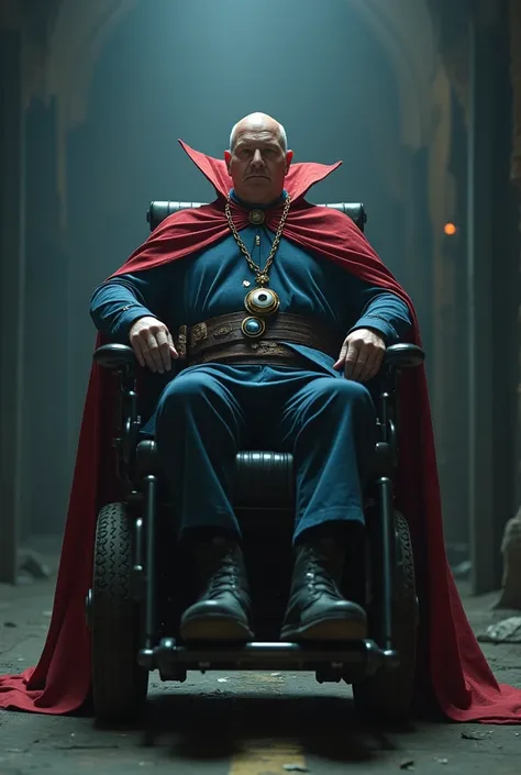 A powerful, epic scene featuring a tall, overweight, bald white man sitting confidently in the iconic, high-tech floating wheelchair of Charles Xavier from the X-Men, as if he were the legendary Professor Xavier himself. The chair should be designed exactl...