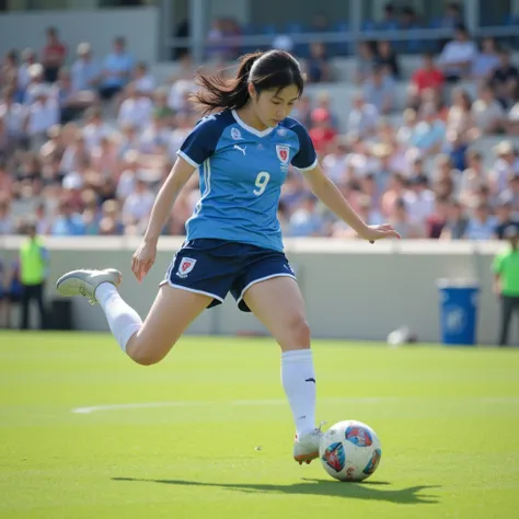 Dynamic shooting action shot of a young female Japanese national team player during a soccer game。 Please include the following elements ：

 Key Elements :
 - Female athlete wearing a blue and white Japanese national team uniform
- I can see uniform number...