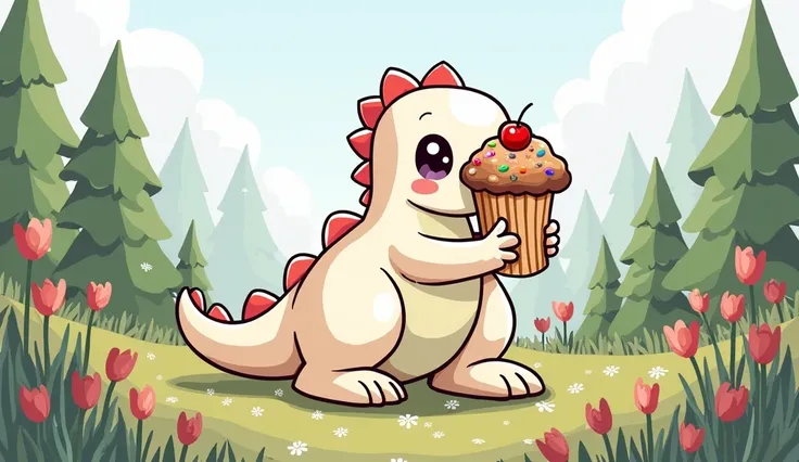 A cute kawaii-style T-Rex is holding a muffin in its tiny hands and smiling at it with joy. The dinosaur has big, shiny eyes and an adorable, chubby body, giving it a friendly and playful appearance. The muffin looks delicious, with a fluffy top and maybe ...