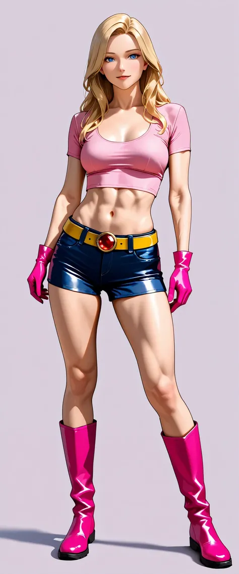 1girl, solo, Adult woman, long hair, blonde, beautiful face, blue eyes, toned body, medium chest, pink crop top, tight, scoop neckline, short sleeves, pink gloves, navel, blue shorts with yellow belt and red jewel round shape buckle, leather shorts, pink b...