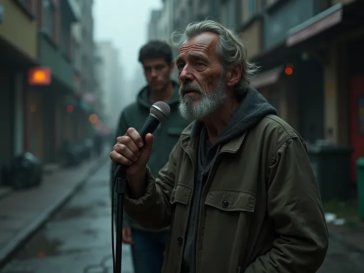 A homeless man holding a microphone in his hand and a 21 years old young man behind him looking at him