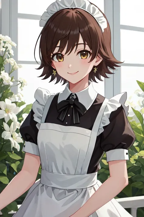  highest quality,  Masterpiece,  high resolution, Alone, {Maid:1.40}, {long Maid dress:1.15},  short hair, bangs,  brownヘアト, 髪clip,  brown_eye,  upper_body, bangs,  cheerful, smile