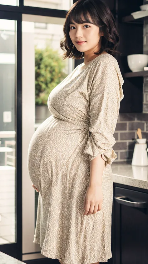 masterpiece, Best Quality, 8K,looking at the viewer,Japanese Lady,20 years old, huge pregnant, Voluptuous, crop top jacket , wrap dress, C curl bob hair, kitchen background, 