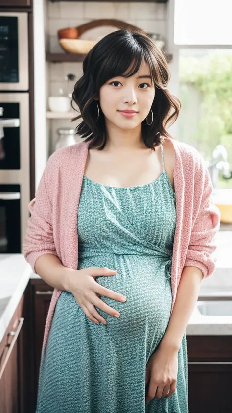 masterpiece, Best Quality, 8K,looking at the viewer,Japanese Lady,20 years old, huge pregnant, Voluptuous, crop top jacket , wrap dress, C curl bob hair, kitchen background, 