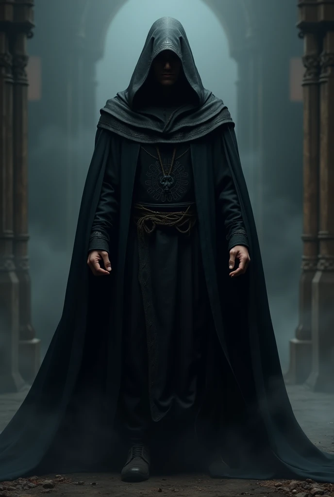 A man with a back in black robes is strong and young