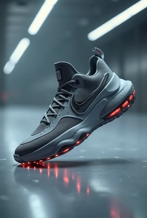 wolf grey with working lights, make a nike shoe from of the future with features of a kobe bryant and michael jordan basketball shoes hi res 4k