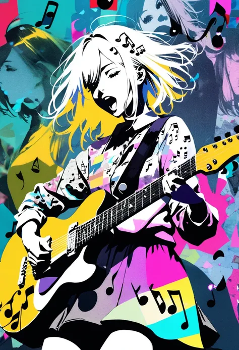 (masterpiece, best quality),(multiple exposure: 1.2),
print collage depicting,Solo guitarist girl,,she is surrounded by music-notes symbols,wearing grunge fashion,enthusiastic,splash color, collage art, contemporary artistic collage,