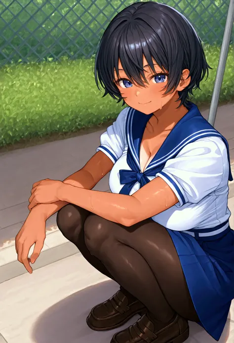 Outdoors、 full body depiction、 girl{ black hair、 short hair(Long furrows 、The neckline is quite long)、 big breasts、Sunburn、Dark Skin、A smile that is planning something、 sailor suit、Summer clothes、 that holds the knee and rolls、 black pantyhose、 loafers、}、
