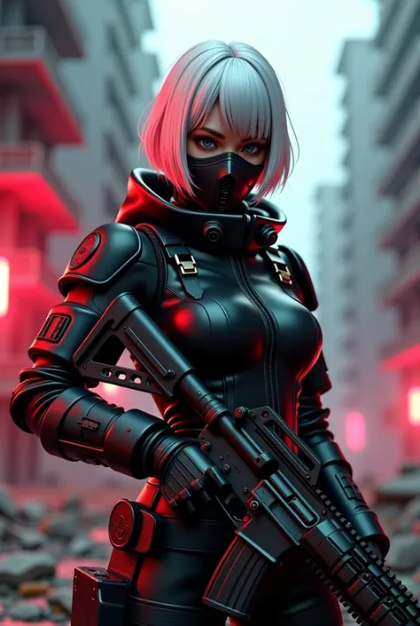  This is an ultra-detailed CG Unity 8k wallpaper , high-resolution and top quality in  Cyberpunk style, Black and red are the mainstream .  high-resolution photo held by chest ,   Tactical, brave, and beautiful alternative pose action with a heavy assault ...