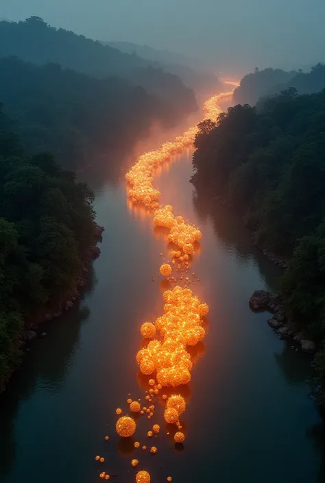 Fireballs are gathered at a point in the Mekong River from above