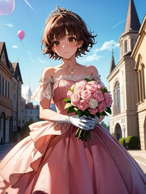   short hair, bangs,  brown hair, in the seat, Alone, cute girl, highest quality,  super detailed, 8k,  high resolution,  detailed face, A kiss on a bouquet , ( bride costume,   pink dress ,  lace dress,  off shoulder,  LONG GLOVES,  tiara ,   and balloon ...