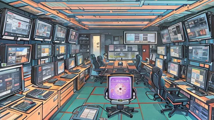  best illustrations、 Best Quality、(((SF)))、( there are no humans)、Telecommunications Equipment、(((Command Room)))、Computer screen lights up 、Large monitor、Surrounded by computers