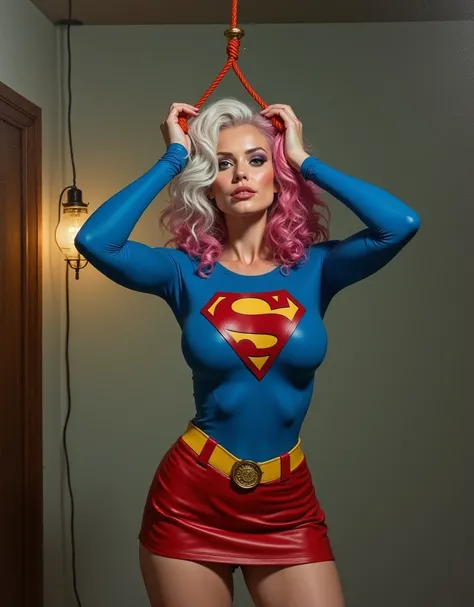 superheroine (((Superwoman )))  with white hair and pink curls , dressed in ((( blue super man suit with the letter S on the chest,  red short leather skirt , , the skirt is very short , yellow metal belt ))),  sexy painting of Supergirl , (( best quality ...