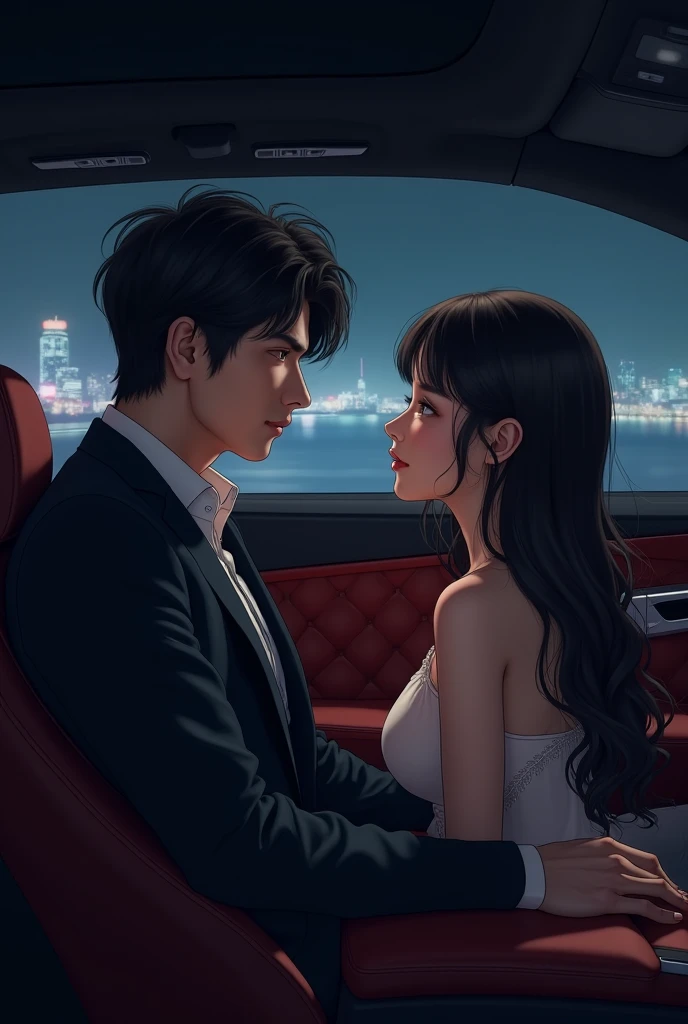 Inside a luxurious car at night, Souta Takahashi (a very handsome Japanese man, perfect eyes, and tall, wearing an impeccable black suit) is in the driver's seat, looking at Hana Miyamoto (a young Japanese woman with long dark brown hair and bangs, perfect...