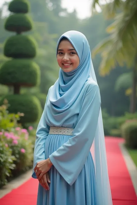 A beautiful bride malay women with long layered hijab,wearing soft blue wedding dress for hijab moeslima women,standing at red carpet garden wedding,beautiful lanscape,,smiling face