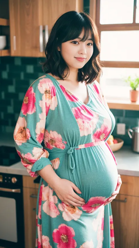 masterpiece, Best Quality, 8K,looking at the viewer,Japanese Lady,20 years old, huge pregnant, Voluptuous, crop top jacket , wrap dress, korean bob hair, kitchen background, 