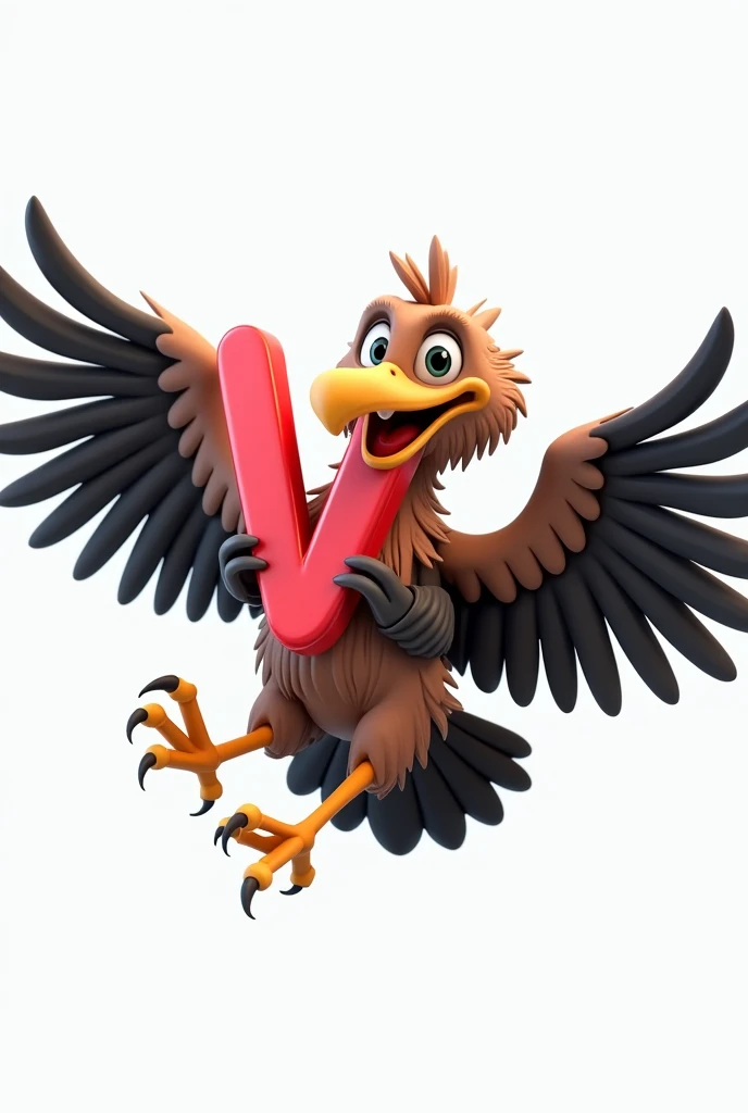 A hyperrealistic, 8k resolution, 3D rendered image of a charming and exaggerated cartoon-style vulture, reminiscent of classic cartoons. The vulture is in flight, using its wings to hold a lowercase 'v' between its talons. There should be NO finger-like or...