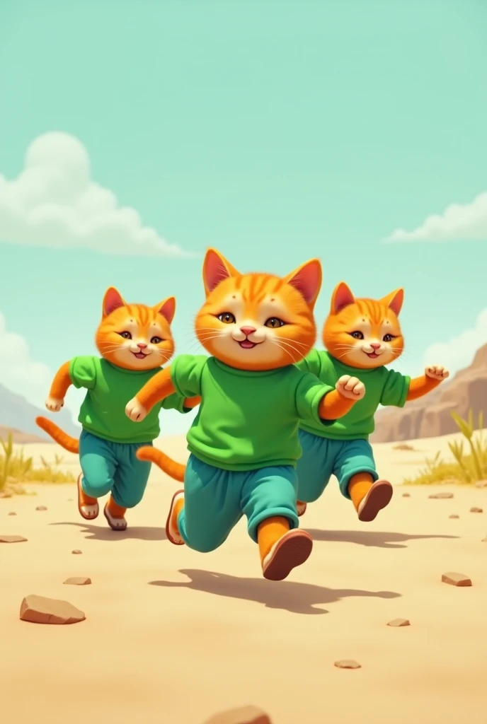 Some light orange cats wearing full green pant and shirt full arm running in  long no tree no plants are there only a clear ground blocked my wallsground 