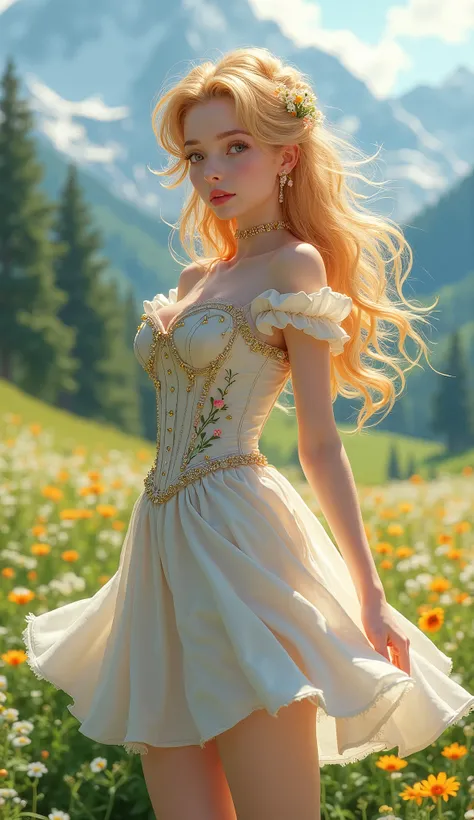 A realistic depiction of Usagi Tsukino (Sailor Moon) wearing a short Swiss-inspired dress, thigh-high length with floral embroidery and a fitted corset-style bodice, the skirt flowing gently in the breeze, soft fabric with natural reflections, her signatur...