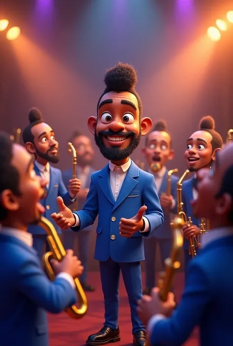 Pixar-inspired 3D poster of a black Maestro with a tuft in his hair running a music band in blue uniform