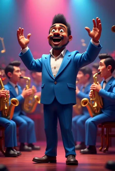 Pixar-inspired 3D poster of a black Maestro with a tuft in his hair running a music band in blue uniform