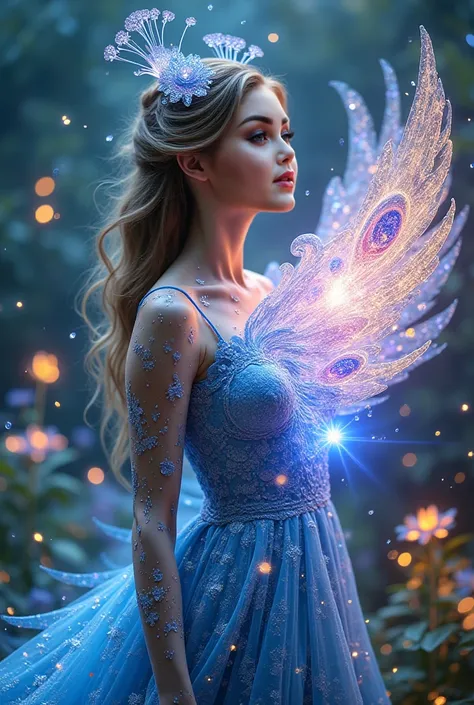 The image depicts a fantasy creature that combines a beautiful woman and a peacock in a stunning and enchanting combination. Her body is seamlessly aligned with the details of the peacock, as her skin merges with delicate engravings inspired by the wings o...