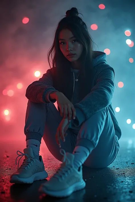 cassualy posing beautiful mongolian young woman wearing wolf grey with working lights, make a nike shoe from of the future with features of a kobe bryant and michael jordan basketball shoes hi res 4k shot with Hasselblad 907X 50C Medium format camera, ligh...