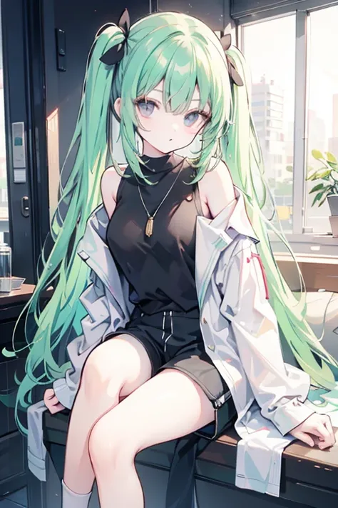  highest quality， best image quality，'s greatest masterpiece，4K， green hair，Black Eyes，My dark eyes want this， long hair， twin tails， I'm wearing round slightly smaller sunglasses， black sunglasses，non-sleeve shirt，Casual attire，oversized shirt，Put on a ja...