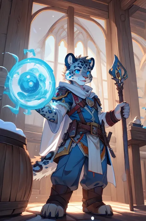 A young male snow leopard , white fur with black spots, icy blue eyes, wearing a flowing white cape, holding an staff glowing with cold energy, standing confidently inside an adventurer’s guild, wooden interior, fantasy anime style, ultra-detailed, dynamic...