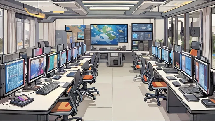  best illustrations、 Best Quality、(((SF)))、( there are no humans)、Telecommunications Equipment、(((Command Room)))、Computer screen lights up 、Large monitor、Surrounded by computers