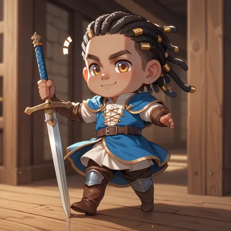 Chibi style. Male character. Dreadlock. Boy with two wooden sword. Medieval clothes. Chibi. Dynamic pose. Rpg.