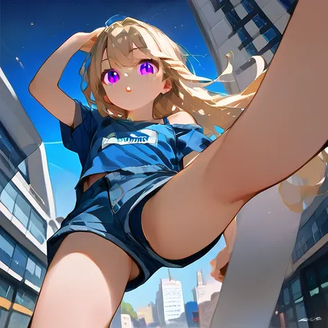 (Neco arc), a detailed neco arc portrait, beautiful detailed eyes, beautiful detailed lips, extremely detailed face and skin, long brown hair, blue denim shorts, off-shoulder white t-shirt, one-leg standing pose, low angle view, bare feet, pink eyes, blond...