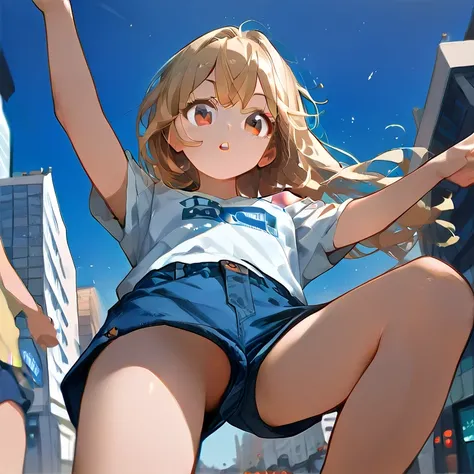 (Neco arc), a detailed neco arc portrait, beautiful detailed eyes, beautiful detailed lips, extremely detailed face and skin, long brown hair, blue denim shorts, off-shoulder white t-shirt, one-leg standing pose, low angle view, bare feet, pink eyes, blond...