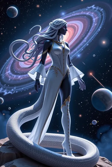 "Snake woman", (white costume), The "Galactic Priestess" rules over the depths of space. Her skin is jet black like the night sky, and is twinkling with the tiniest light of stardust. Her hair is made of tangled silver snakes floating in zero gravity, and ...