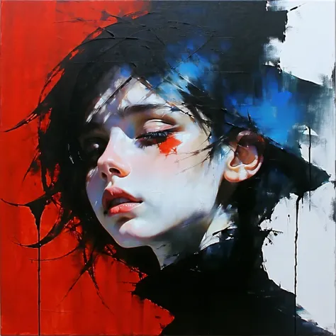 ((Using a palette of red, blue, black and white to depict the light and shadow of the head of a melancholy girl)), ((ultra-detailed oil painting)), (dry brush technique: 1.3), faithfully depict complex facial expressions using brushes of various thicknesse...