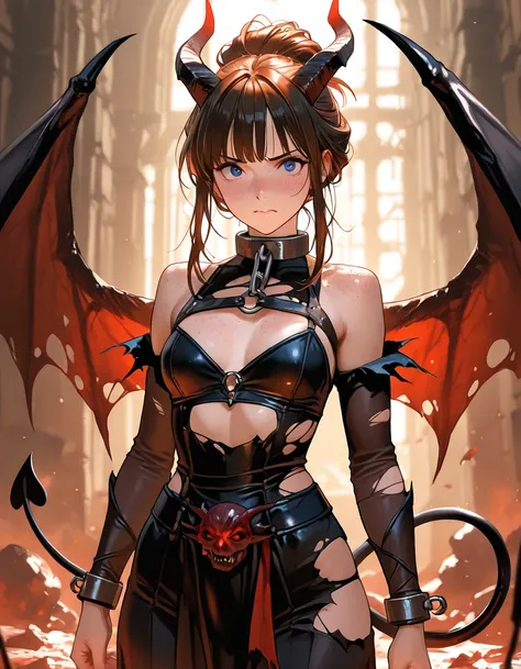 masterpiece, 1girl, beautiful woman, bangs, freckles, rough torn clothes, slave in hell, medium chest, transforming into a demon, sprouting demon wings and demon tail, messy updo