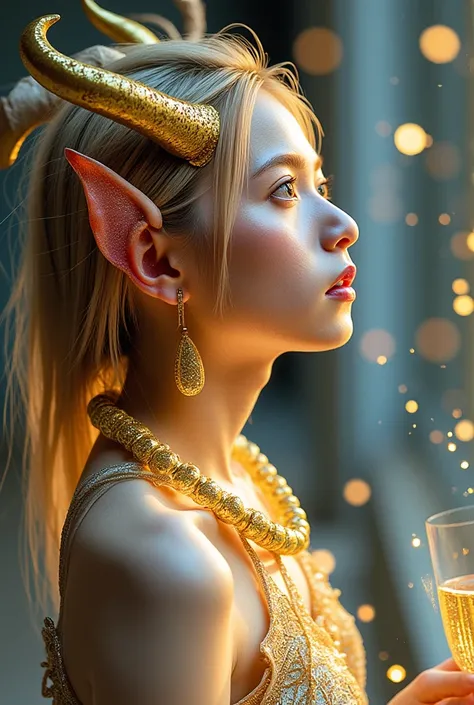 Create a lavish champagne demon with shimmering pearlescent skin that sparkles like bubbles. Its horns are delicate and spiral upward like champagne flutes, and effervescent sparks flicker from its eyes. Beads of golden bubbles float around it, forming an ...