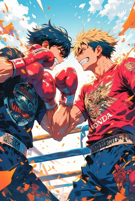 anime,two characters are boxing. Emphasize the emblem.((One wears a T-shirt with "NISSAN" written on the chest), (and the other has "HONDA" written on it).